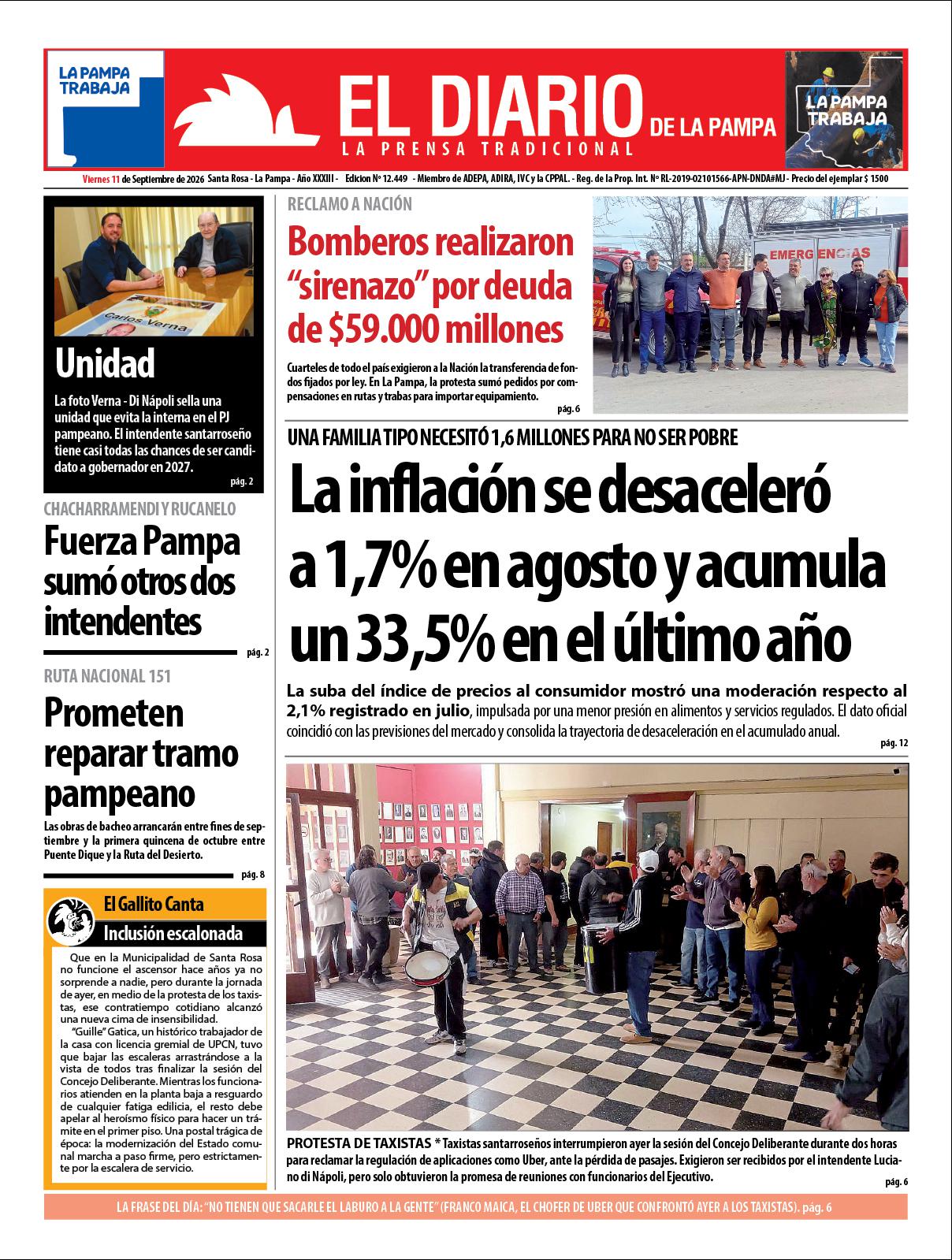 Tapa de El Diario en papel  viernes 11 de septiembre de 2026